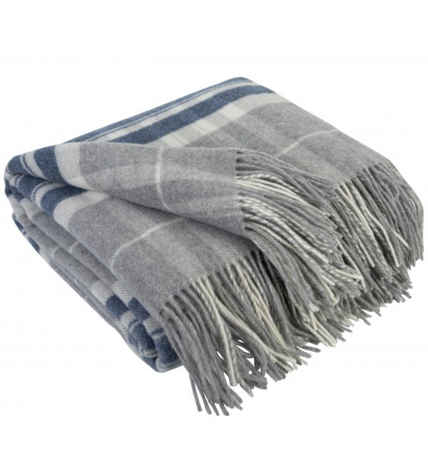 Coperta in cachemire con motivo tartan in merino LoveYouHome (140x200 cm / grigio con blu e bianco)