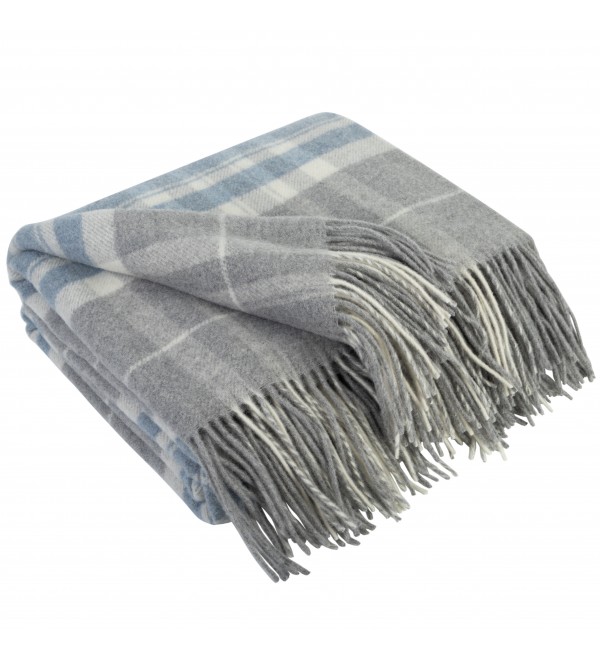 Coperta in lana di cashmere con motivo tartan LoveYouHome (140x200 cm / grigio con blu e bianco)