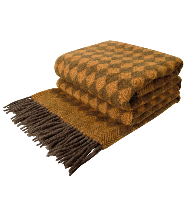 Coperta in lana vergine motivo rombo LoveYouHome (140x200 cm / Marrone - Senape gialla)