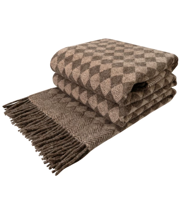 Coperta in lana vergine con motivo a rombo LoveYouHome (140x200 cm / Marrone - Marrone chiaro)
